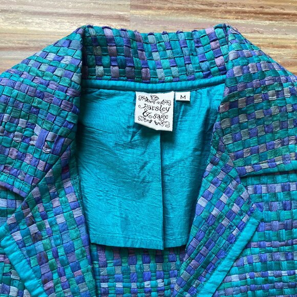 Parsley & Sage Woven 100% Silk Open Front Blazer Jacket Teal Blue/Green - Picture 5 of 6